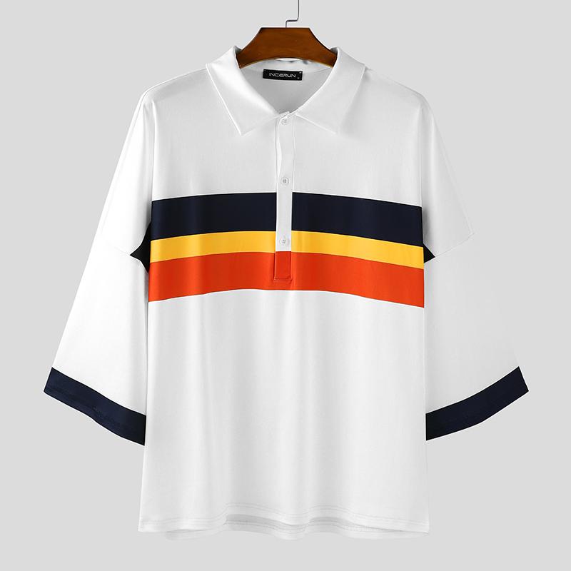 INCERUN Oversized Men Lapel Neck 3/4 Sleeve Striped Stitching Casual Loose T-shirts Tops