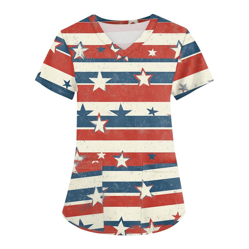 Topuri Uniformă de Lucru Scrub Imprimate Mărimi Mari Pentru Femei Gât în V Încrucișat Imprimeu Ziua Independenței Mânecă Scurtă Tricouri Amuzante Tricou de Lucru cu Buzunare