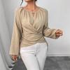 Women S Long Sleeve T Shirt With Tie Strap Irregular Hem Woven Fabric