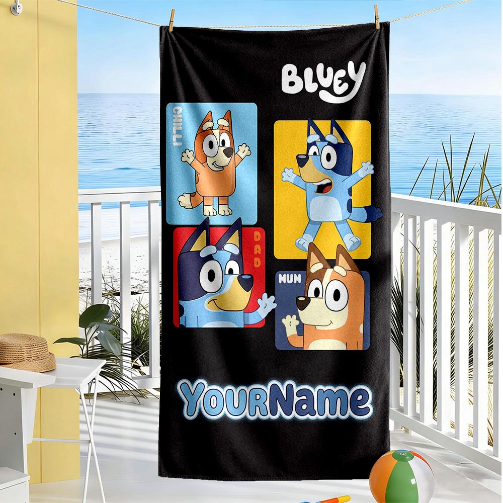 Bluey Customize Your Name Beach Towel Soft Durable Quick-Dry Ideal for Travel Outdoor Swim Pool Yoga Surf Camping Hiking Gym Gift Holiday