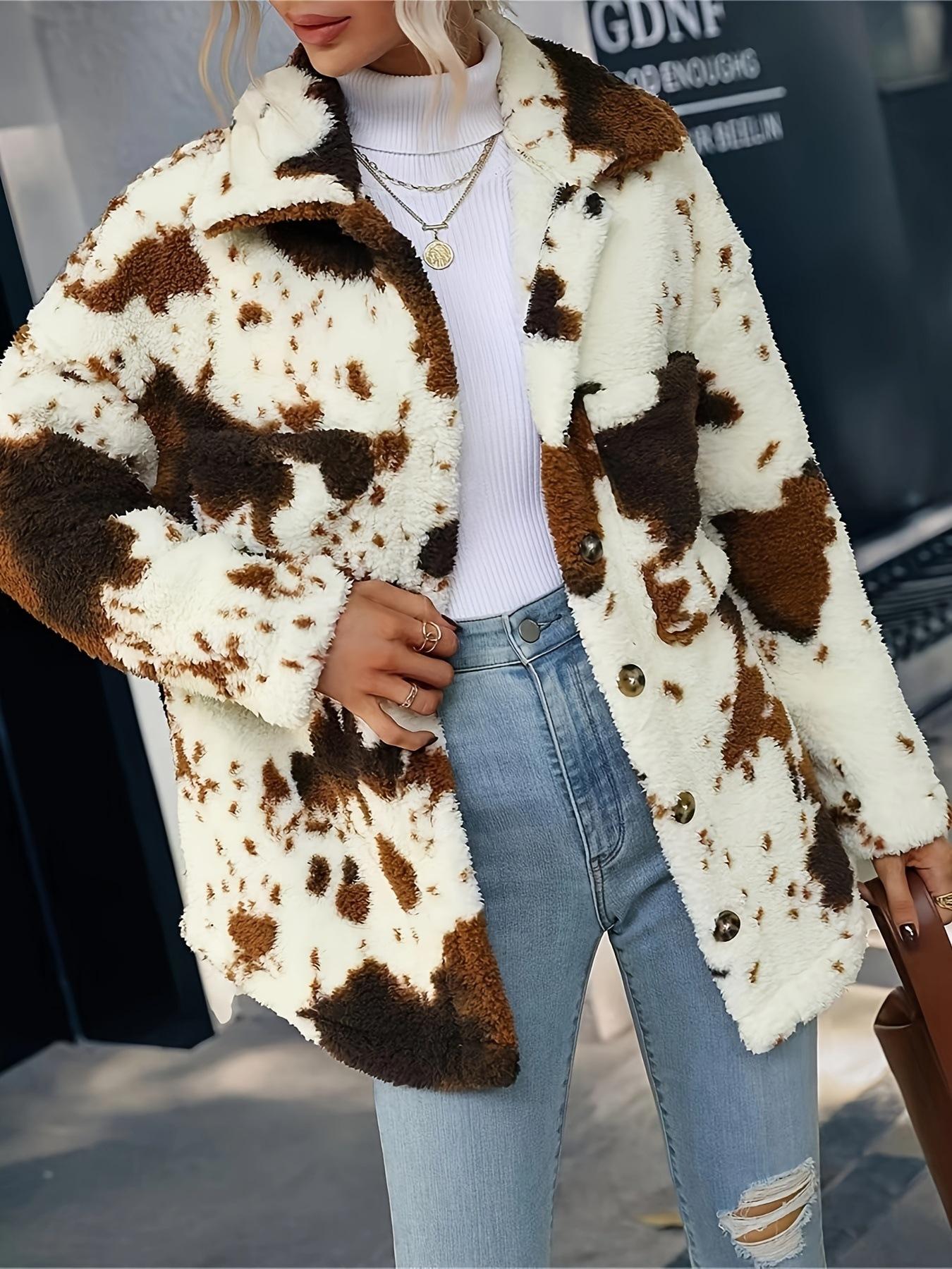 

Women s Black and White Cow Print Faux Fur Coat with High Neck Knit and Blue Jeans Outfit XXL темно-коричневого кольору