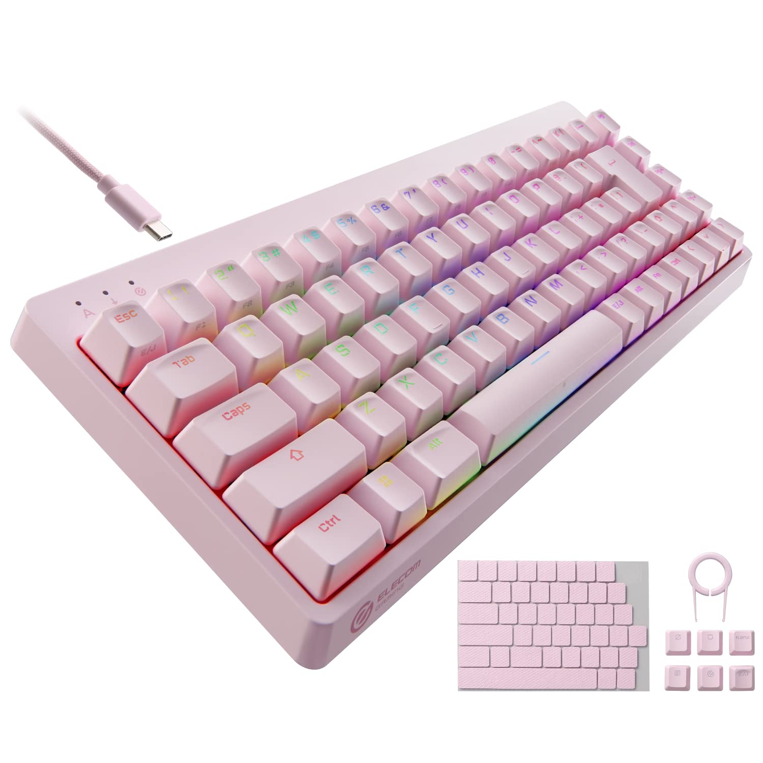

ELECOM Gaming Keyboard VK300S Wired RGB Tenkeyless Size Mechanical Neo Clutch Keycap Silver Axis Speed Linear USB Port Pink V-custom 65% TK-VK300SPN рожевий