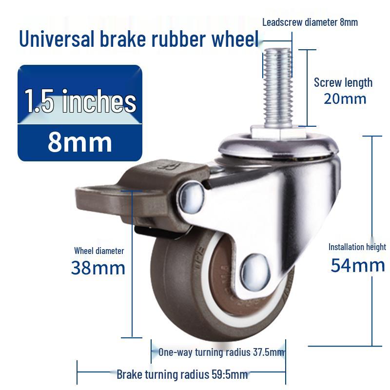 Rueda giratoria de goma universal con freno y rodamiento silencioso - Rosca M6/M8/M10/M12, Rodillo blando