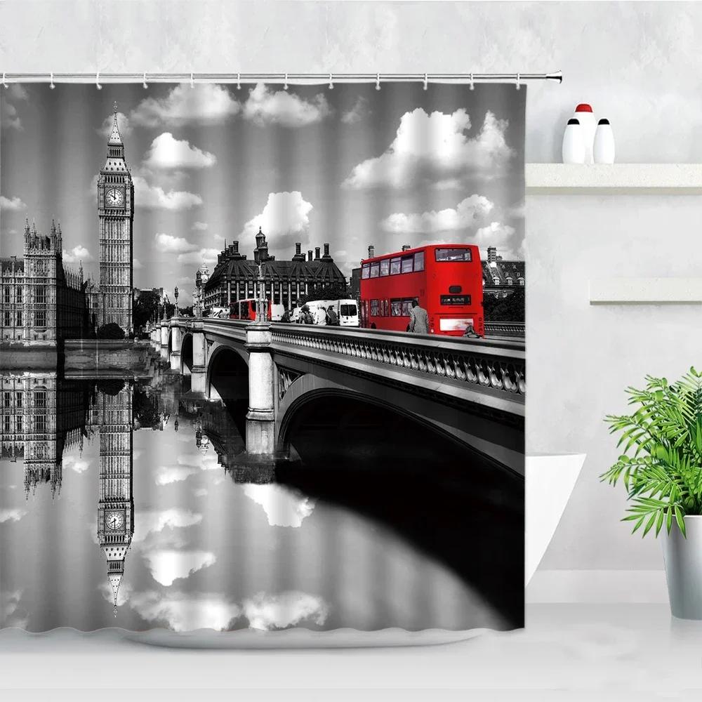 London Street View Shower Curtains Big Ben Red phone Booth Bus Printing Retro Wall Decor Cloth Screen Hooks Bathroom Curtain Set