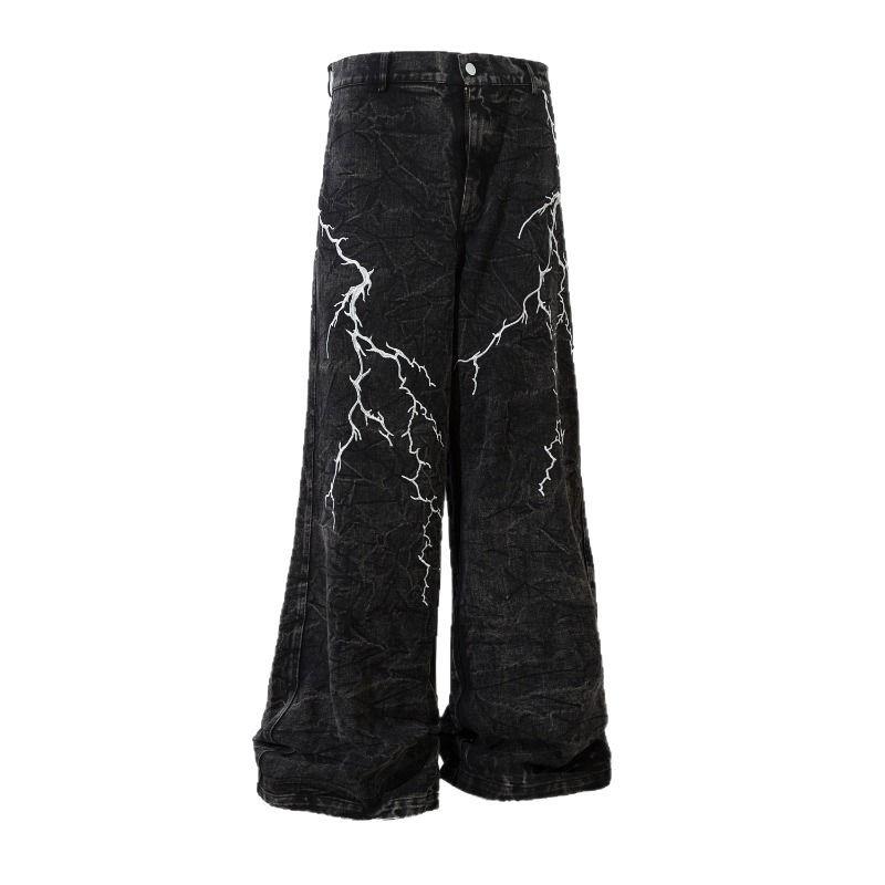 2025 Niche Embroidered Lightning Loose Jeans for Men & Women - Casual Street Style Straight-Leg Floor-Length Pants