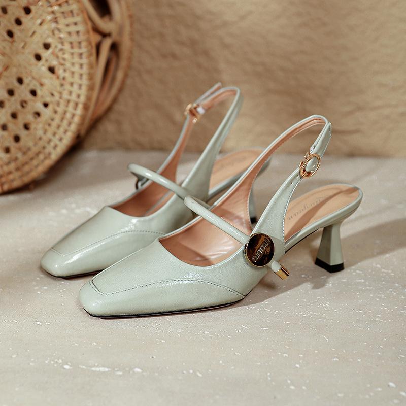 

Босоножки Baotou с задним ремешком, на высоком каблуке, женские туфли на тонком каблуке, новые, бордовые, с квадратным носком, с открытой пяткой, одинарные 40 светло-синий