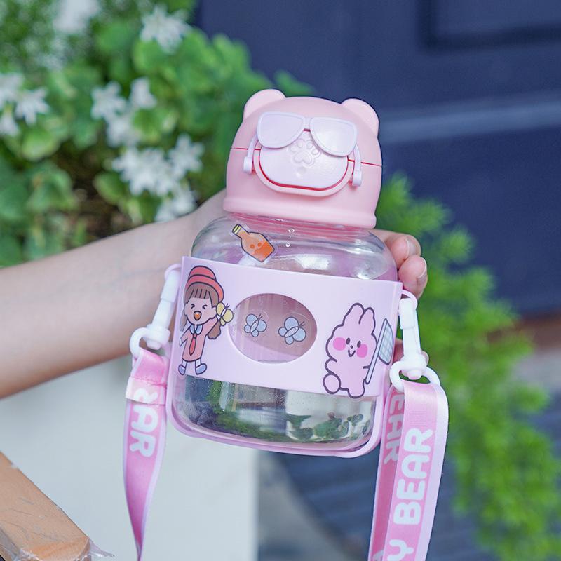 Water bottle high value cartoon plastic cup children portable cute cup strap straw cup [sticker model]