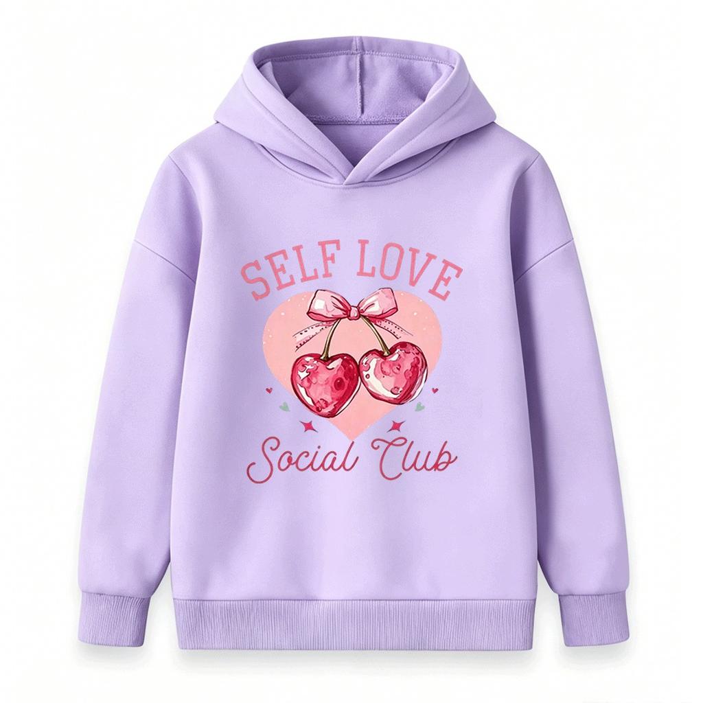 Kids Boys Girls Self Love Social Club Cherry Heart Print Pullover Hoodie Casual Long Sleeve Sweatshirt For Children