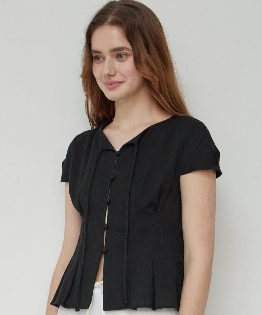 ITOV SEOUL Double Tuck Ribbon Cotton Blouse Black