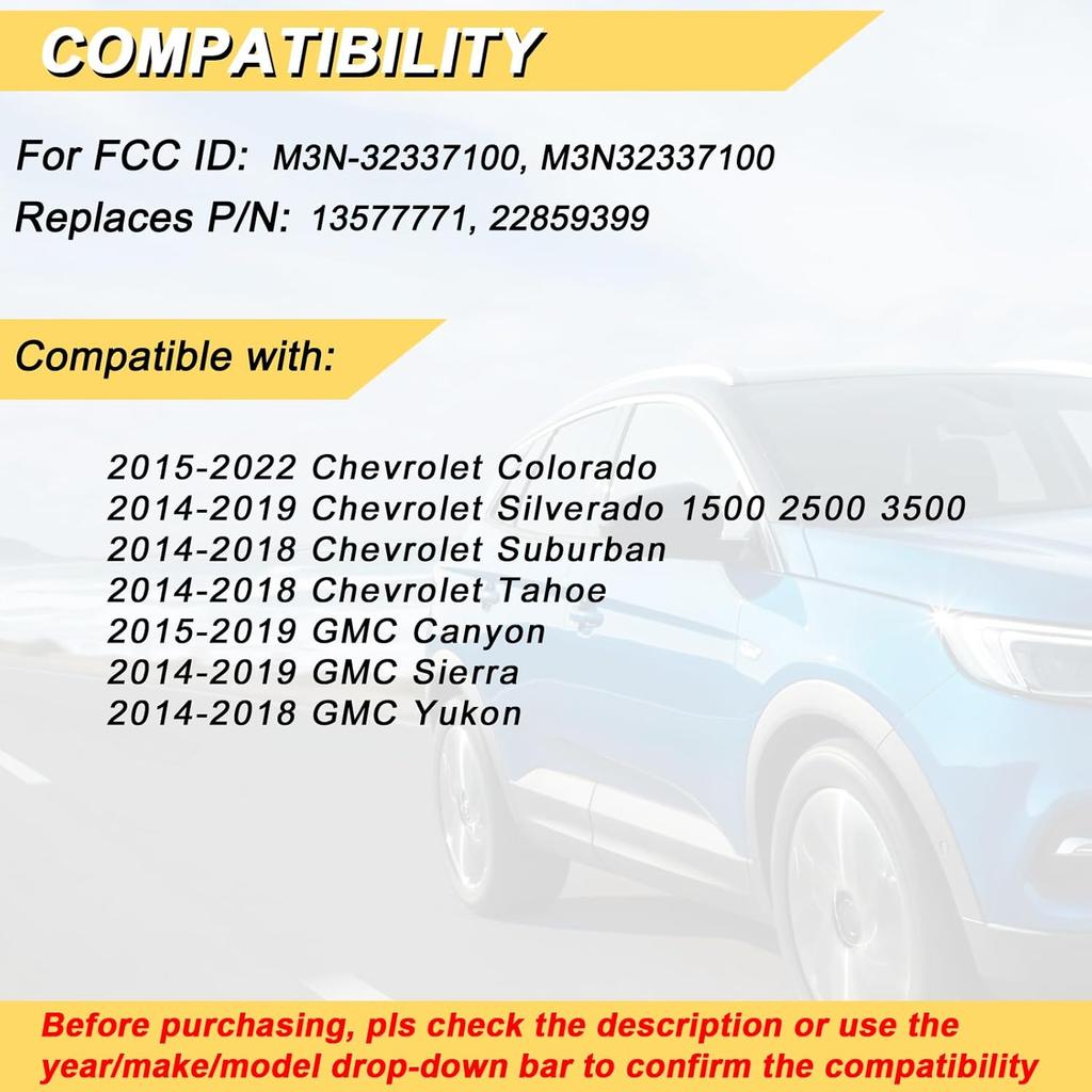 Key Fob Replacement for 2014- Chevy Silverado GMC Sierra 1500 2500 3500/14-18 Suburban Tahoe Yukon/ 15-22 Colorado/ 15-19 GMC Canyon Car Keyless
