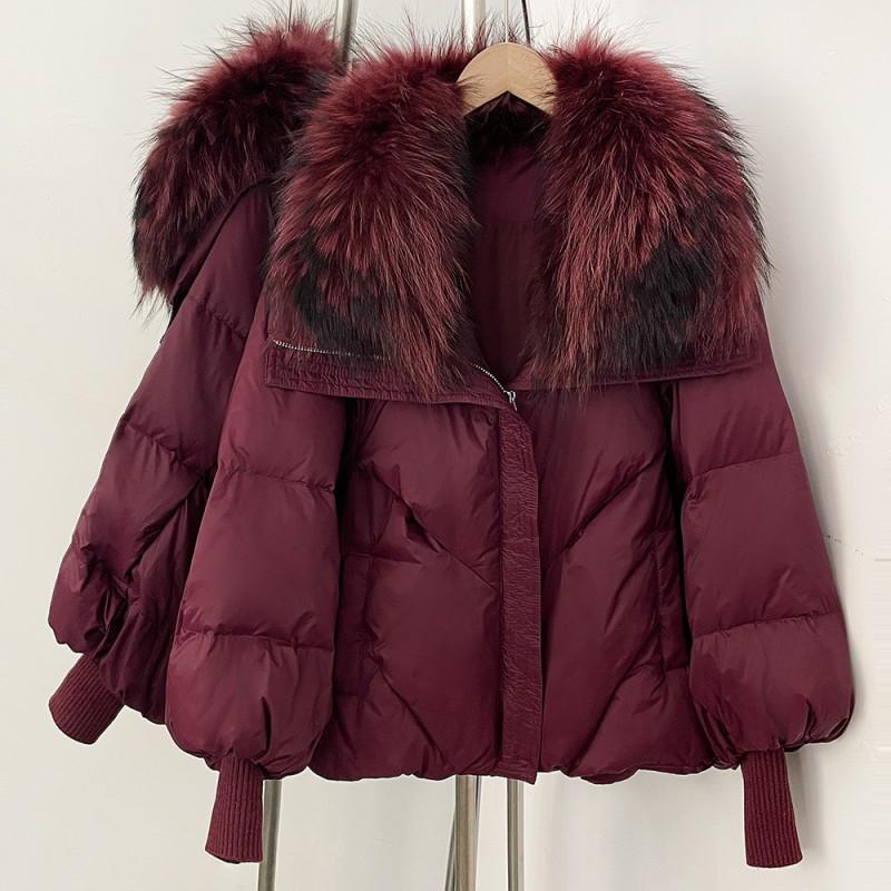 Womens Winter Duck Down Coat With Removable Raccoon Fur Collar Knit Sleeve Thick Warm Short Puffer Jacket