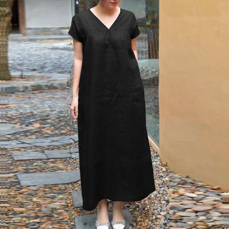 ZANZEA Women Casual V-Neck Solid Color Short Sleeve Long Dress