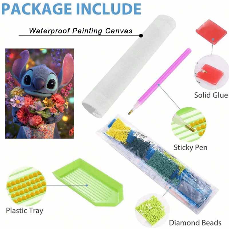 Disney Stitch Flowers Diamond Painting Kit 5D DIY, Suitable for Beginners and Craft Lovers, Interior Space Decoration