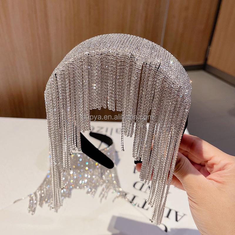 Luxury Long Chain Crystal Hairband Women Hair Accessories Baroque Full Diamond Hair Hoop Sponge Make up Rhinestone Headband