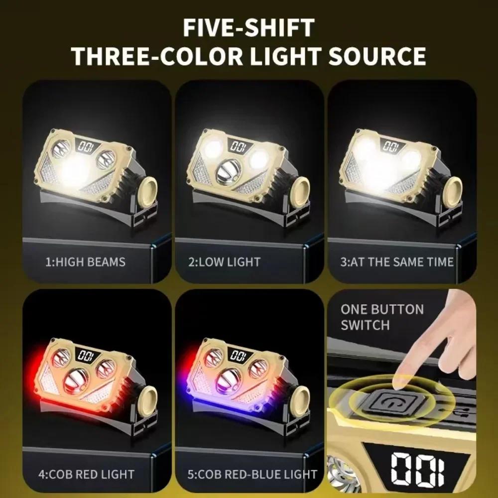 USB Rechargeable LED Headlamp Outdoor Night Headlamp with Forehead Flashlight with Blue And Red Light for Camping Fishing