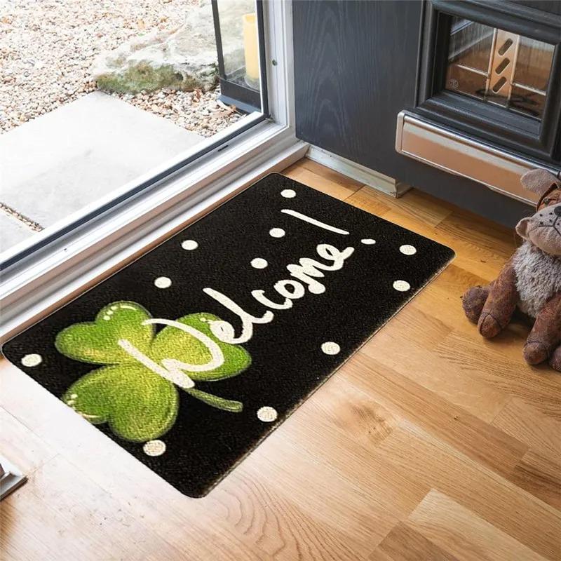 Multilingual Welcome Door Mat with Clover and Floral Patterns, Non Slip Floor Rug, Decorative Entrance Mat for Home and Porch