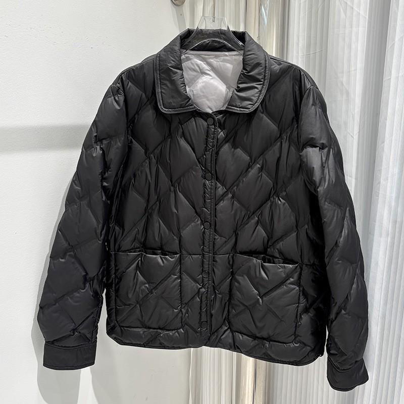 Womens Lightweight Reversible Duck Down Puffer Jacket With Stand Collar Quilted Short Coat Winter