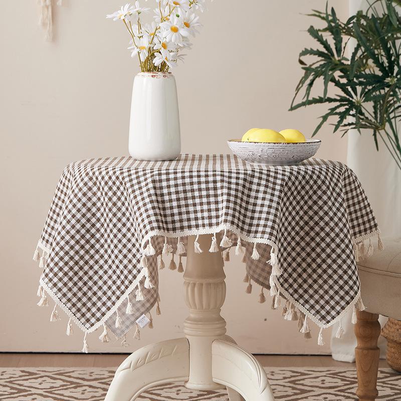 Cotton And Linen Small Fresh Navy Blue Small Flower Round Tablecloth Household Living Room Homestay Decoration Fringed Tablecloth