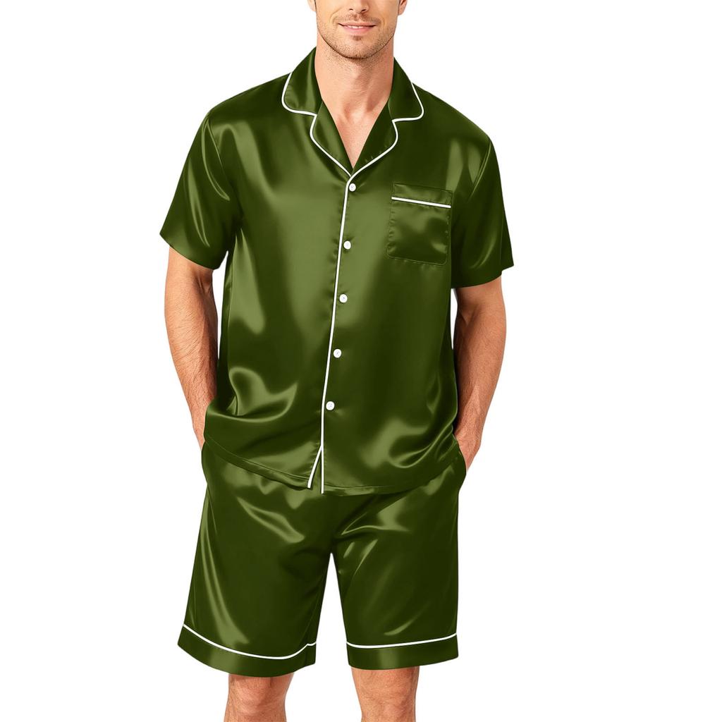 Men's Short Sleeve Pajama Set Button Down Shirt with Curved Hem and Matching Shorts Soft Lightweight Lounge Sleepwear S-XXXXL