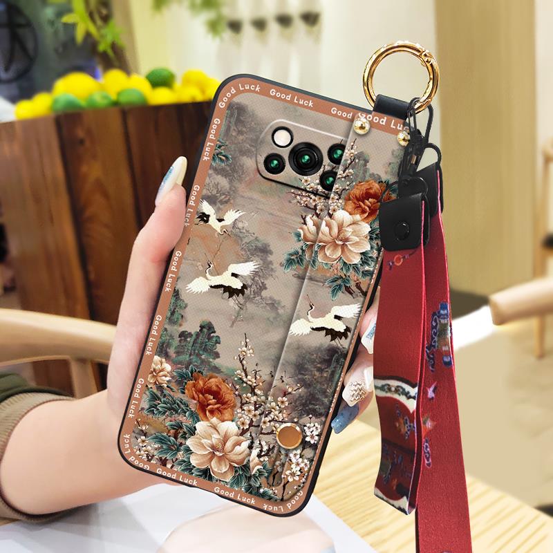 Lanyard Protective Phone Case For Xiaomi Poco X3 NFC/X3 Pro Wristband Back Cover Chinese Style Silicone Phone Holder