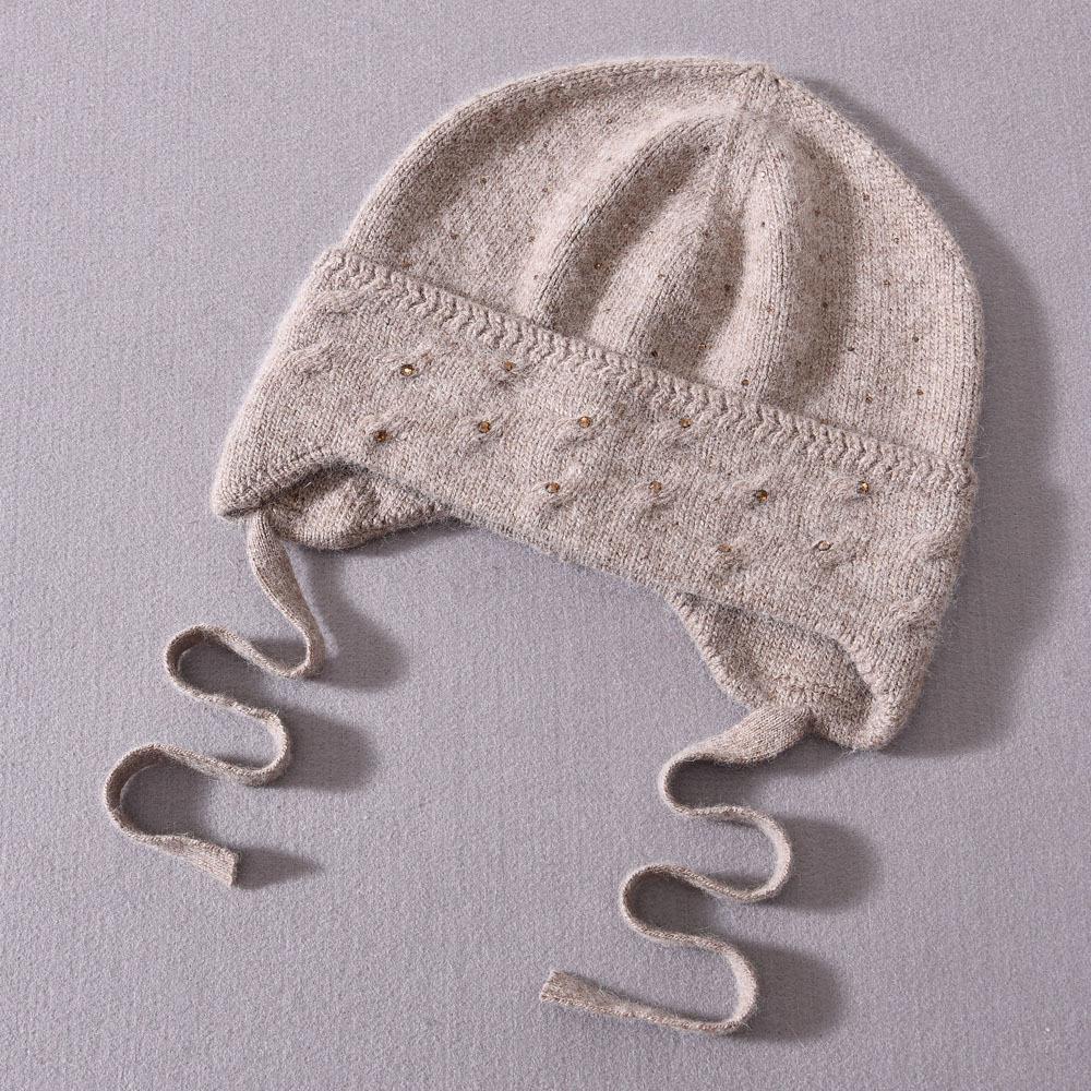 Children's Knitted Hat Rabbit Velvet Front with Small Diamonds with Braids Ear Protectors Cute Outdoor Wool Hat Warm and Windproof