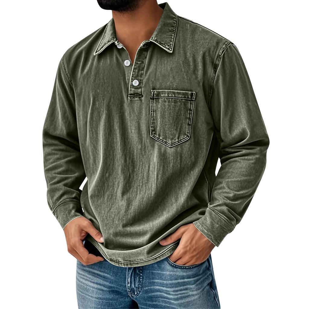 Men's Solid Color T-Shirt Washed Sports Button Pocket Lapel Collar Long Sleeve Tops