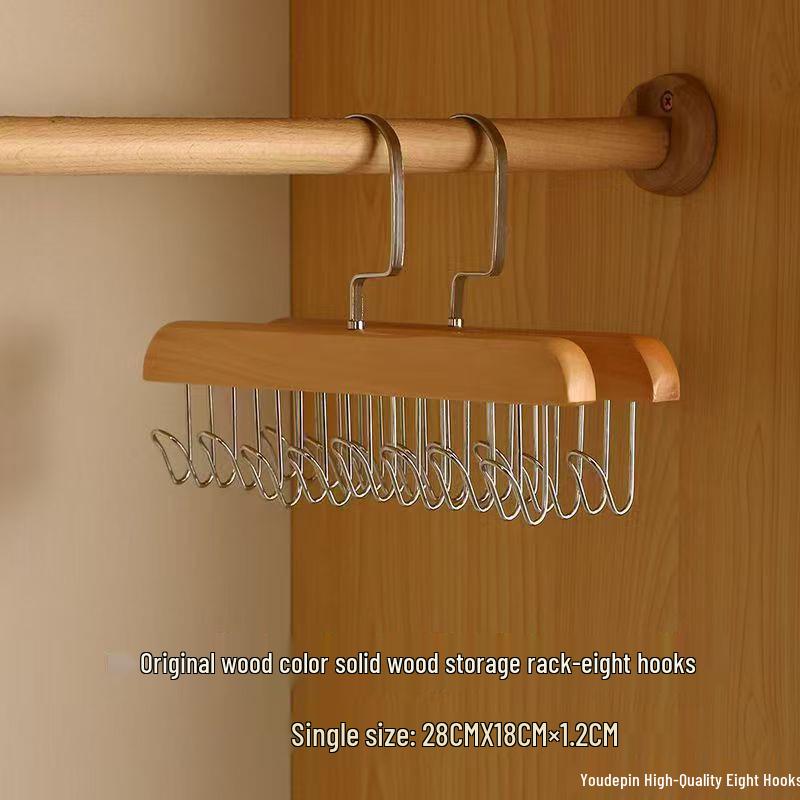 Solid Wood Multifunctional Hanger: 8 Hooks for Camisoles, Bras, Ties, Bags & Drying