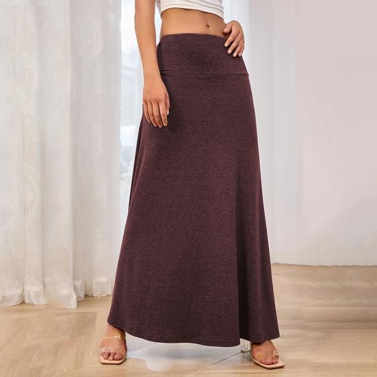 Jupe longue élastique taille haute pour femme, coupe trapèze, couleur unie