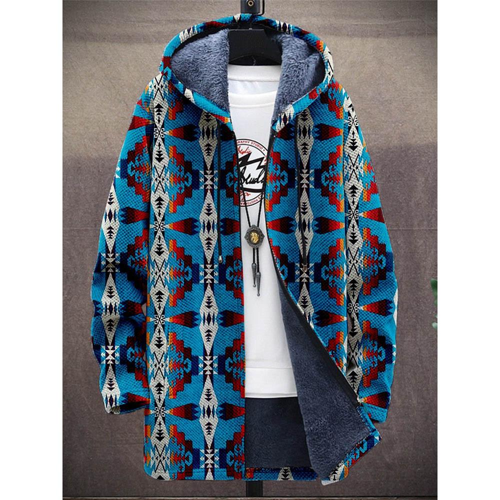 Men Cardigans Coats Geometric Stripe Square Printed Plush Thick Winter Abstract Art Graphics Jackets Casual Streetwear Clothing