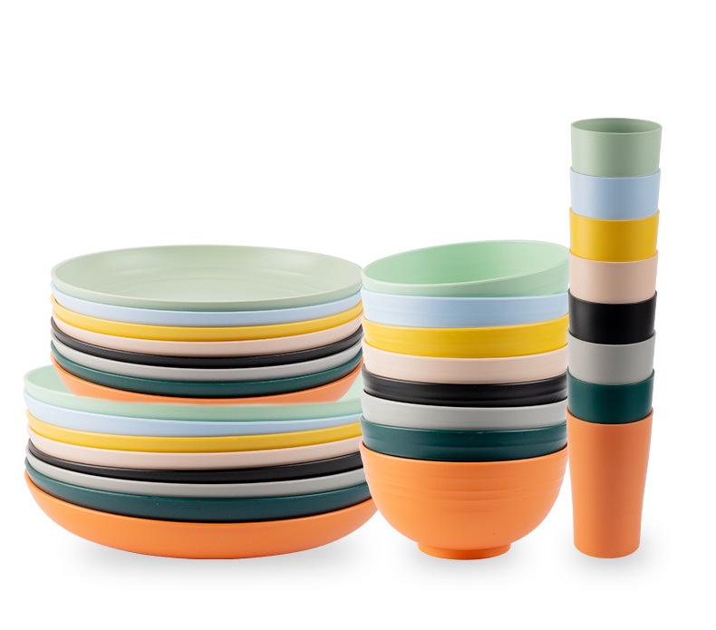 Cross-border Plastic Tableware Set: Plates, Bowls, Cups, Vomit Bowls, 24-Piece for Home Use.