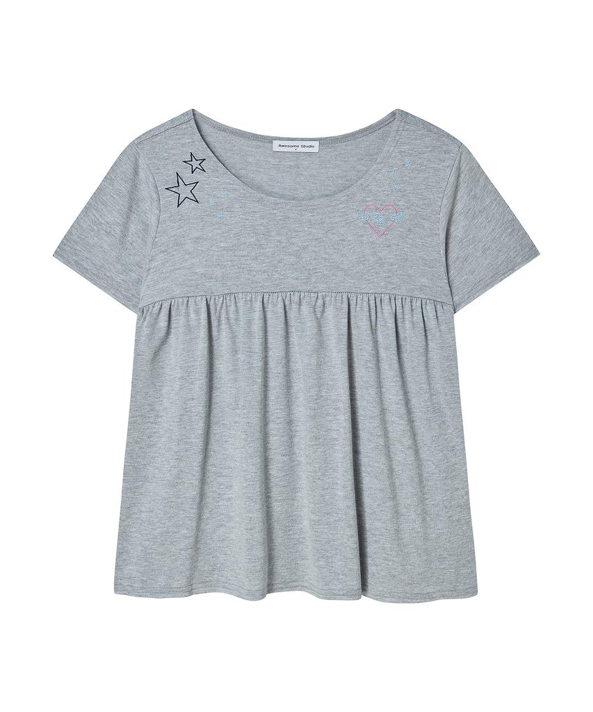 AWESOME STUDIO Kitsch Embroidered Shirred T-Shirt Melange Gray