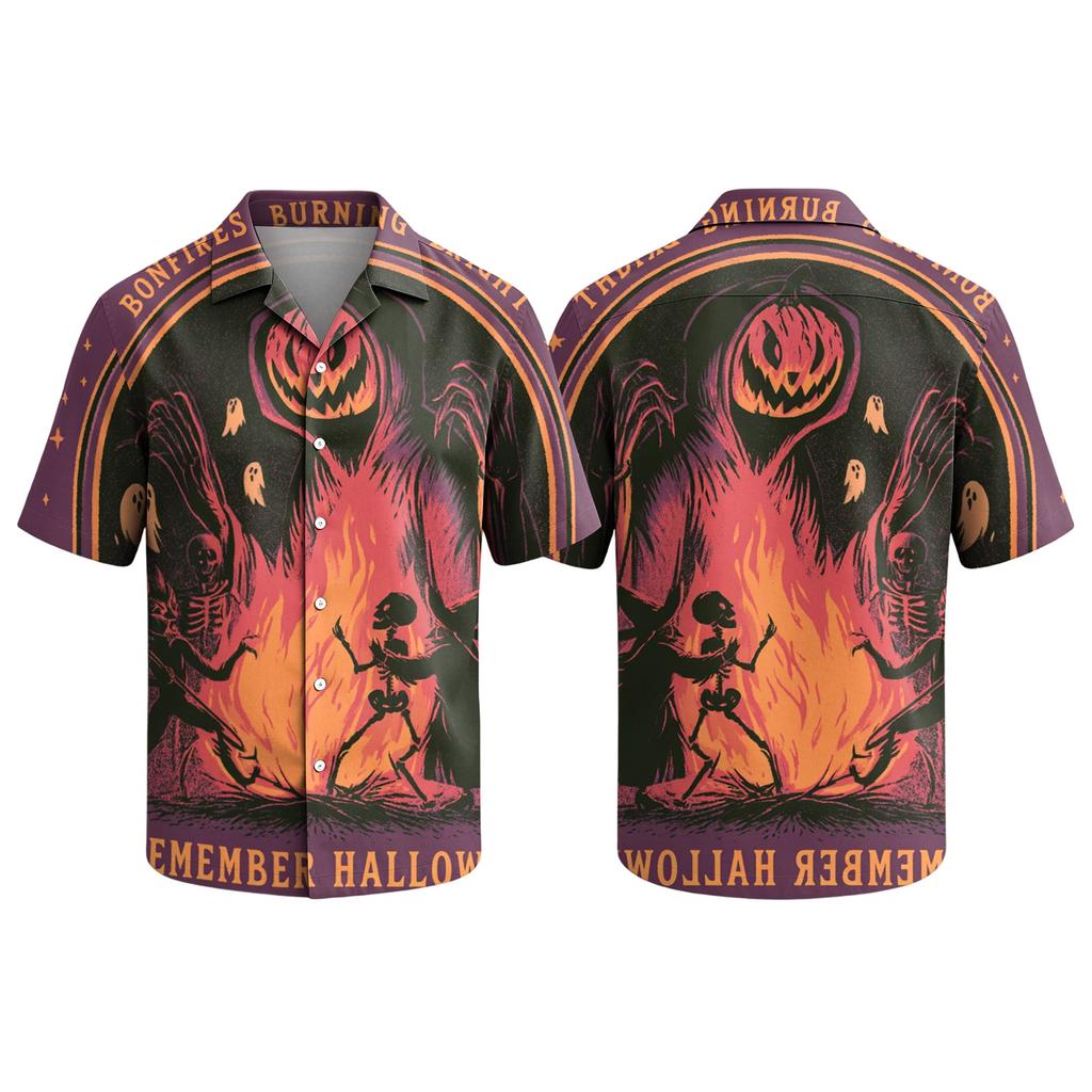 Men's Casual Short Sleeve Button Down Shirt with Halloween Graphic Print Lapel Collar Lightweight Top for Daily Wear