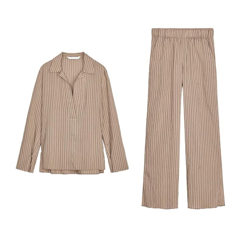 Spring New Women Clothes Stripe Long Sleeve Lapel Shirts 9479265 Stripe Pajamas Style Pants 9479264