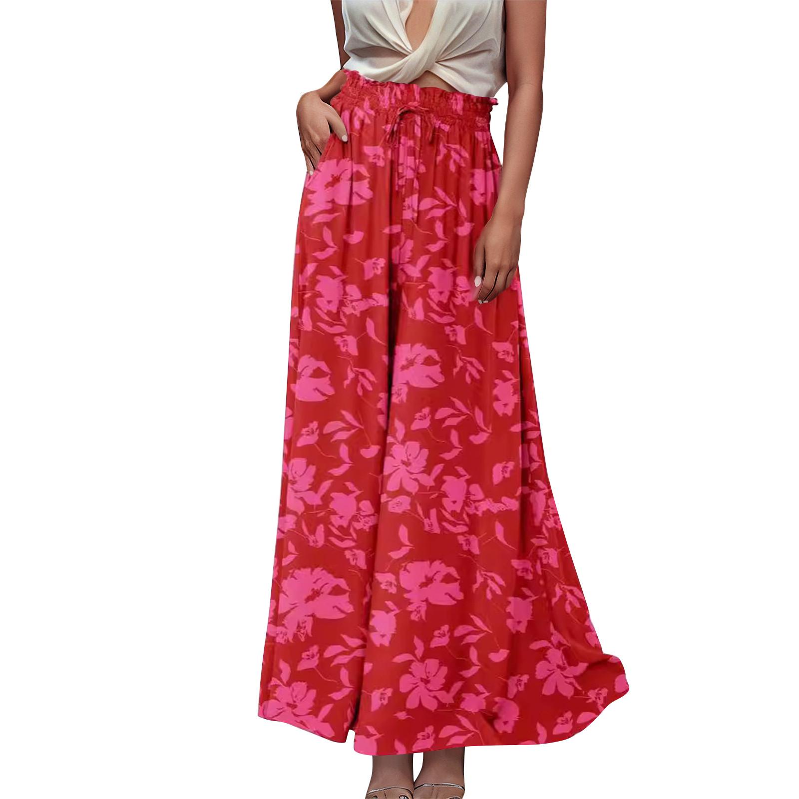 

Женские летние широкие брюки-палаццо с высокой талией и струящимися карманами, модные повседневные пляжные брюки в стиле бохо XL