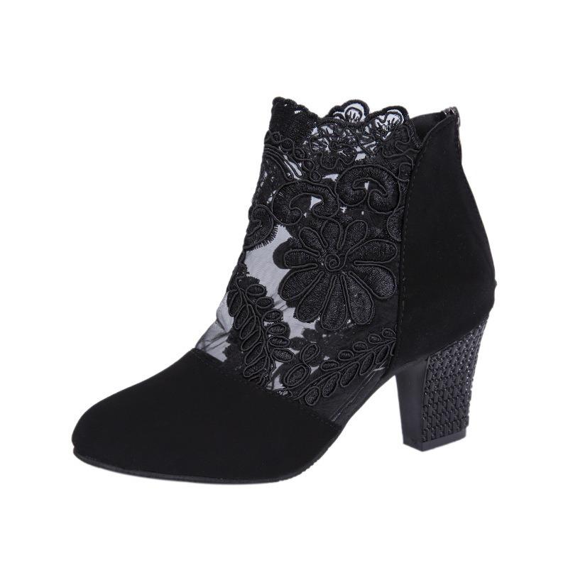 Lace Mesh High Heel Cool Boots Women's Large Size Fashion Round Head Thick Heel Sandals