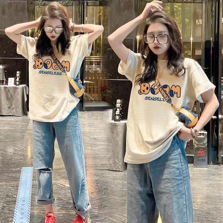 

Топ 2025 новая хлопковая футболка с коротким рукавом женская летняя средней длины с круглым вырезом свободная футболка с принтом ns tide M абрикосовый