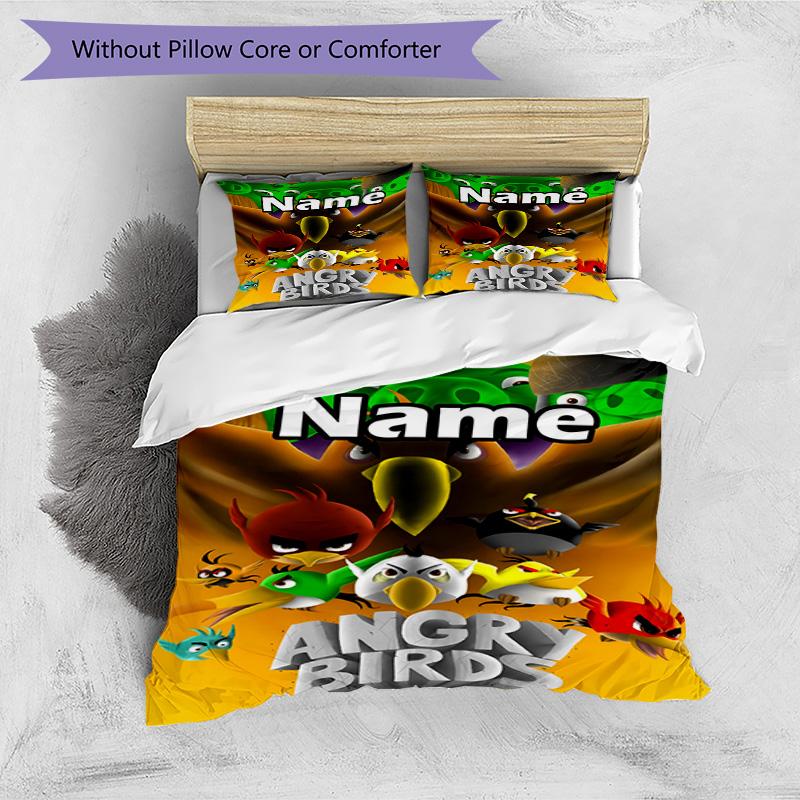 3pcs Duvet Cover Set (1*Duvet Cover + 2*Pillowcase, Without Core), Custom Name Angry Birds Pattern Bedding Set, Home Bedroom Decor Gift