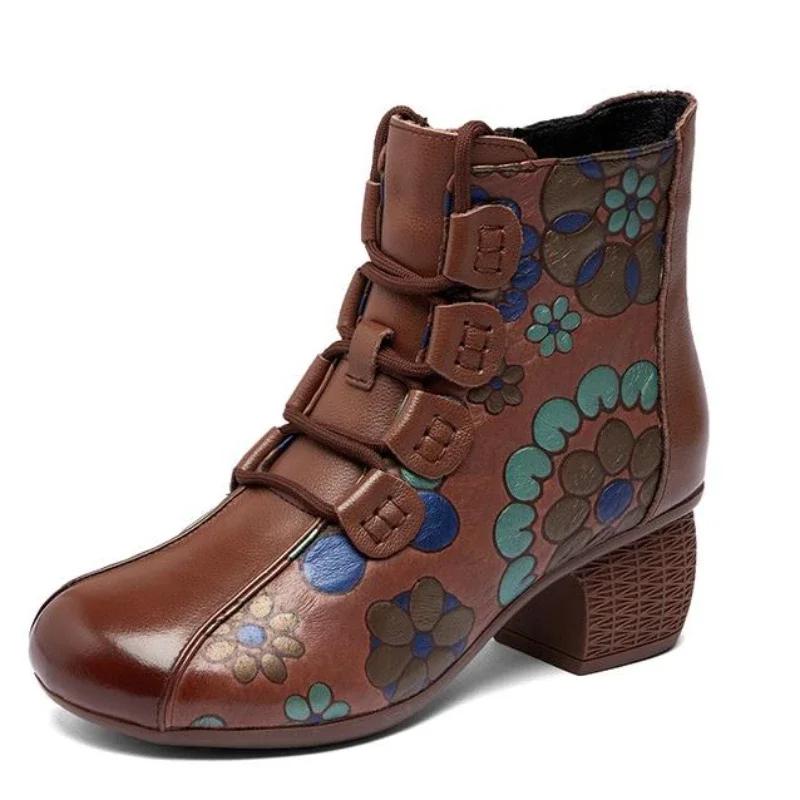 Fashion 2024 New Autumn Aed Winter For Warmth Genuine Leather Shoes Women Boots Round Toe Print Sewing Zip Retro Leisure Platform Boots