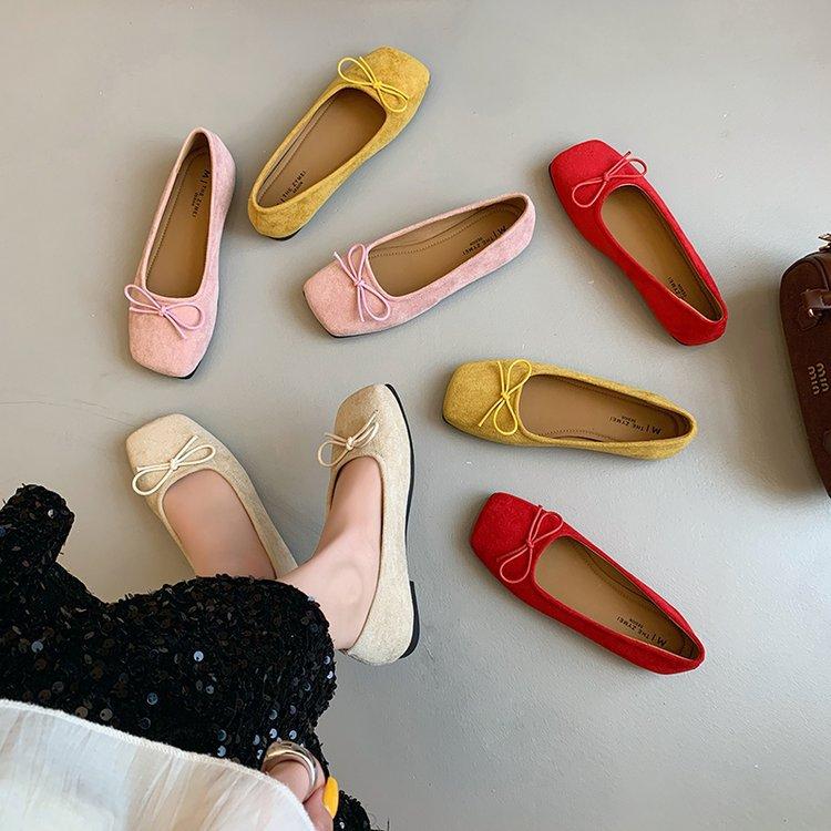 French flat bottom shallow mouth single shoes women's shoes summer 2025 new bow ladyshoes square head red boat shoes