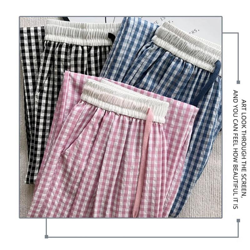 Damen Sommer dünnes Design bequeme Hose locker lässig gerade Fallende Hose rosa kariert weites Bein