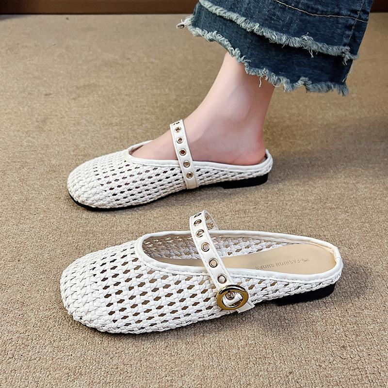 

Retro woven hollow bag head half slippers women s new comfortable and lightweight one-word fashion slippers with metal buckle 40 бежевий