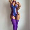 Women’s Sexy PVC Halter Bodysuit, European and American Erotic One-Piece Side Tie Lingerie with Attached Stockings