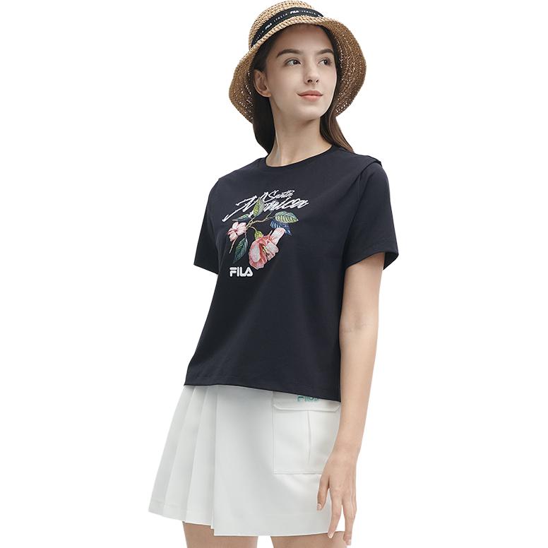 FILA Heritage Series Letter Floral Print Casual Crew Neck Short Sleeve T-Shirt Women Tops Legendary-Blue F11W428112F-NV