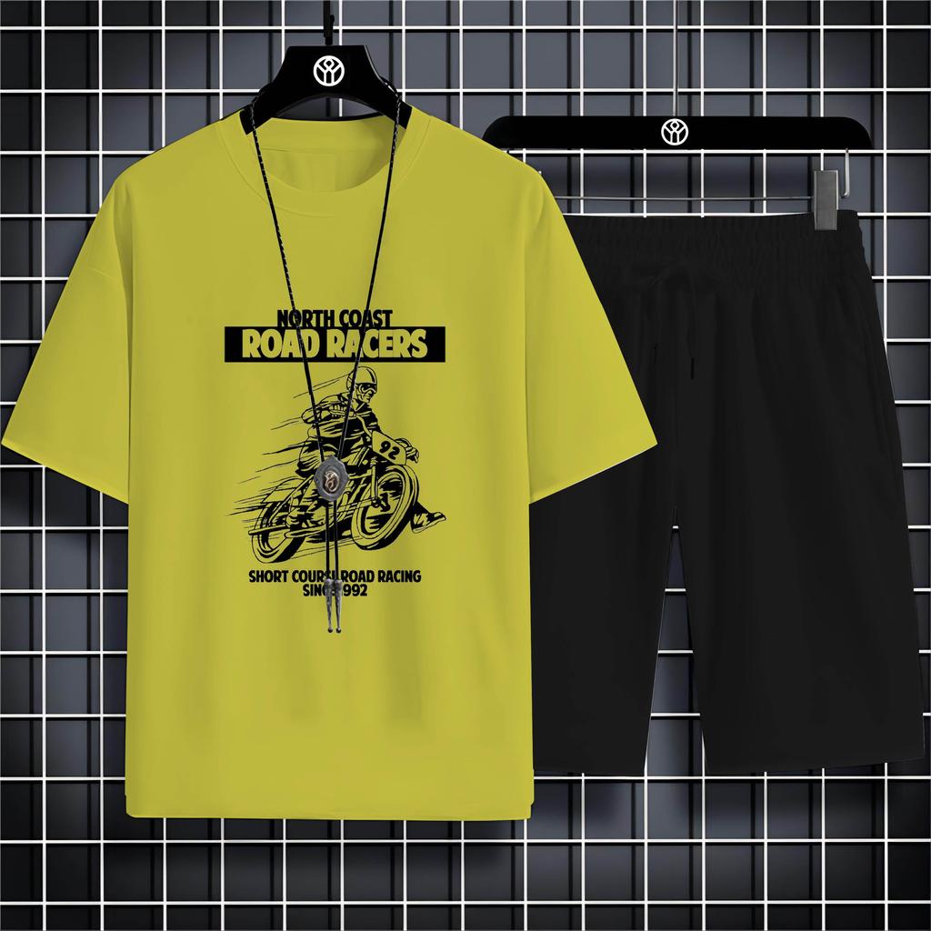 Summer Round Neck Men'S Outdoor Casual 2d Motorcycle Print Loose Comfortable Breathable Short Sleeve T-Shirt Beach Set T-Shirt