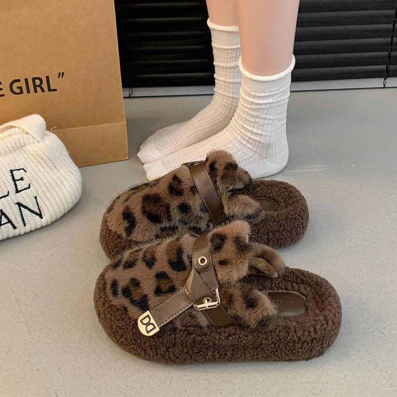 Mao Mao shoes women's winter velvet outer wear lazy one-pedal women's shoes 2025 new thick-soled leopard print bag head half slippers