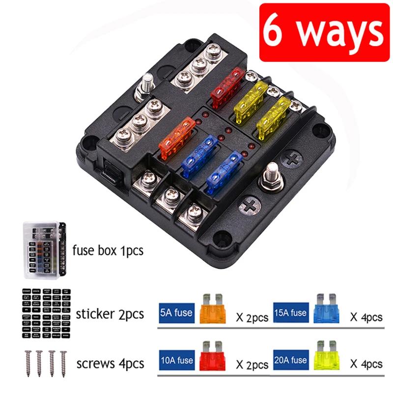 6-Way/12-Way Car Boat Blade Fuse Box Block Holder LED Indicator 12V 32V Auto Marine Waterproof Power Distribution Panel Board 6 Ways Fuse Box