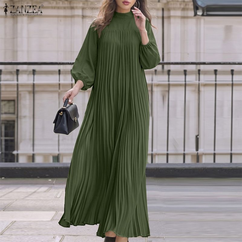 ZANZEA Womens Elegant High Neck Long Sleeve Loose Fit A Line Swing Pleated Maxi Dress