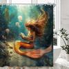 Mermaid Ocean Printed Shower Curtain Vintage Retro Teal Jellyfish Seaweed For Bathroom Decor