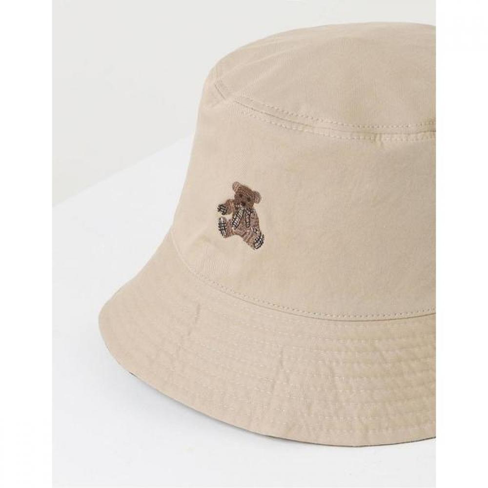 DakS Women S Beige Check reverSible Bucket Hat With Teddy Bear Embroidery Dbhe3e119i2