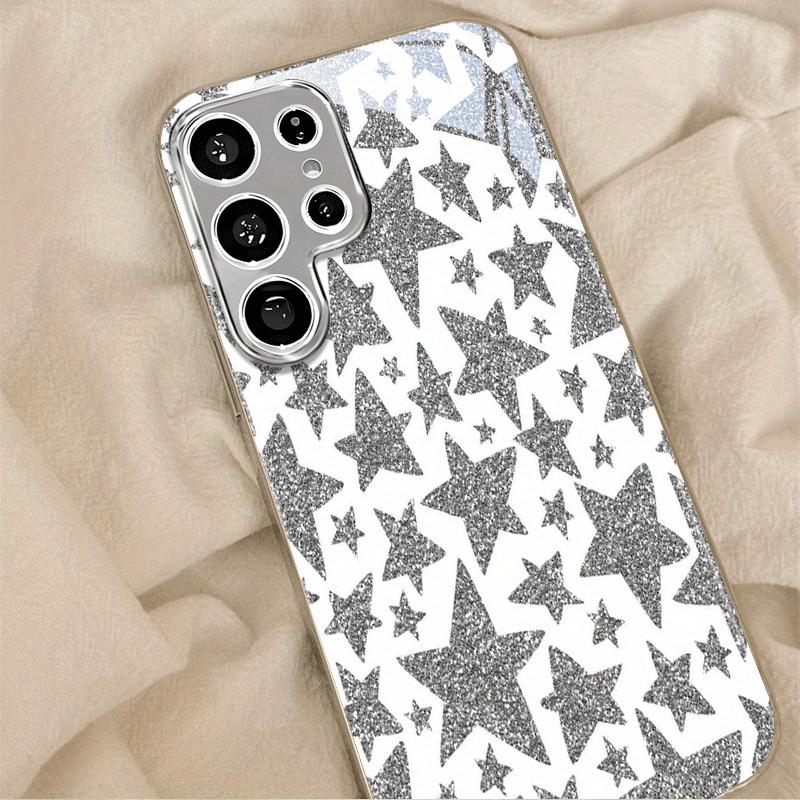 Sparkly Glitter Silver Star Pattern Phone Case for Galaxy S26 S25 S24 S23 Ultra Plus Glass Len Protector Shockproof Cover